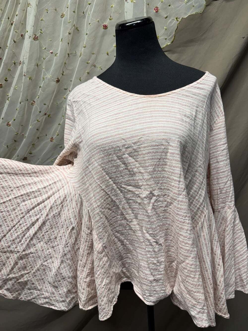 POL Women's Pink and White Striped Long Sleeve Bell Sleeve Peplum Top